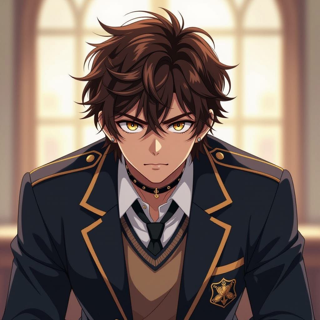 Anime-Style Character with Amber Eyes and School Uniform