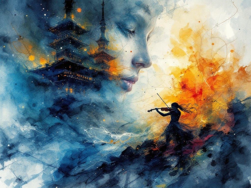 Abstract Watercolor Dreamscape: Violinist in Tokyo Tempest