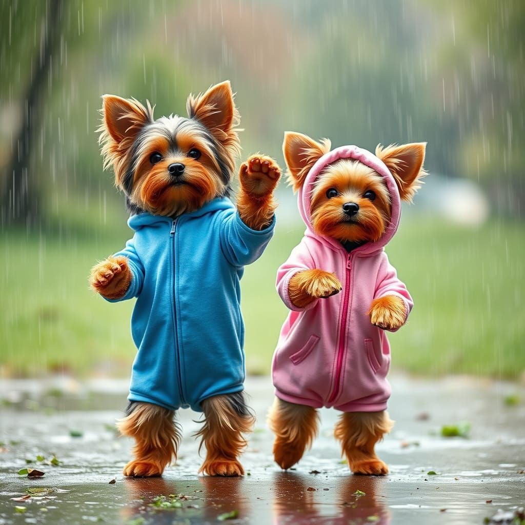 Yorkies Dance in the Rain