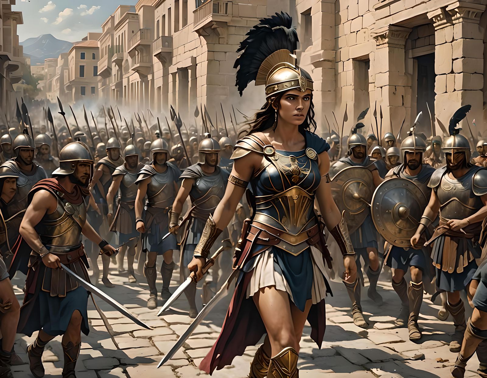a beautiful Greek female warrior, an Amazon walks through the streets of Troy, she is surrounded by her army