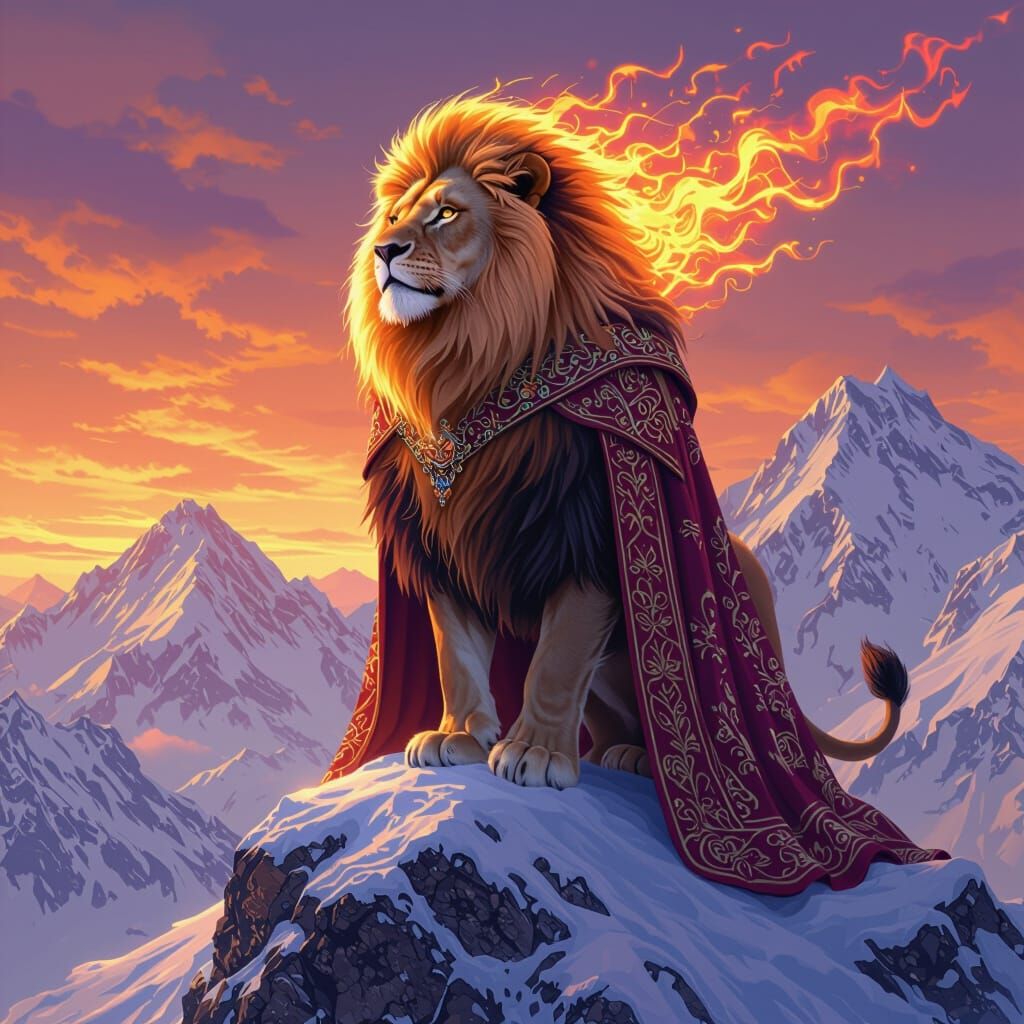 Fiery Lion on Snowy Peak: Digital Art