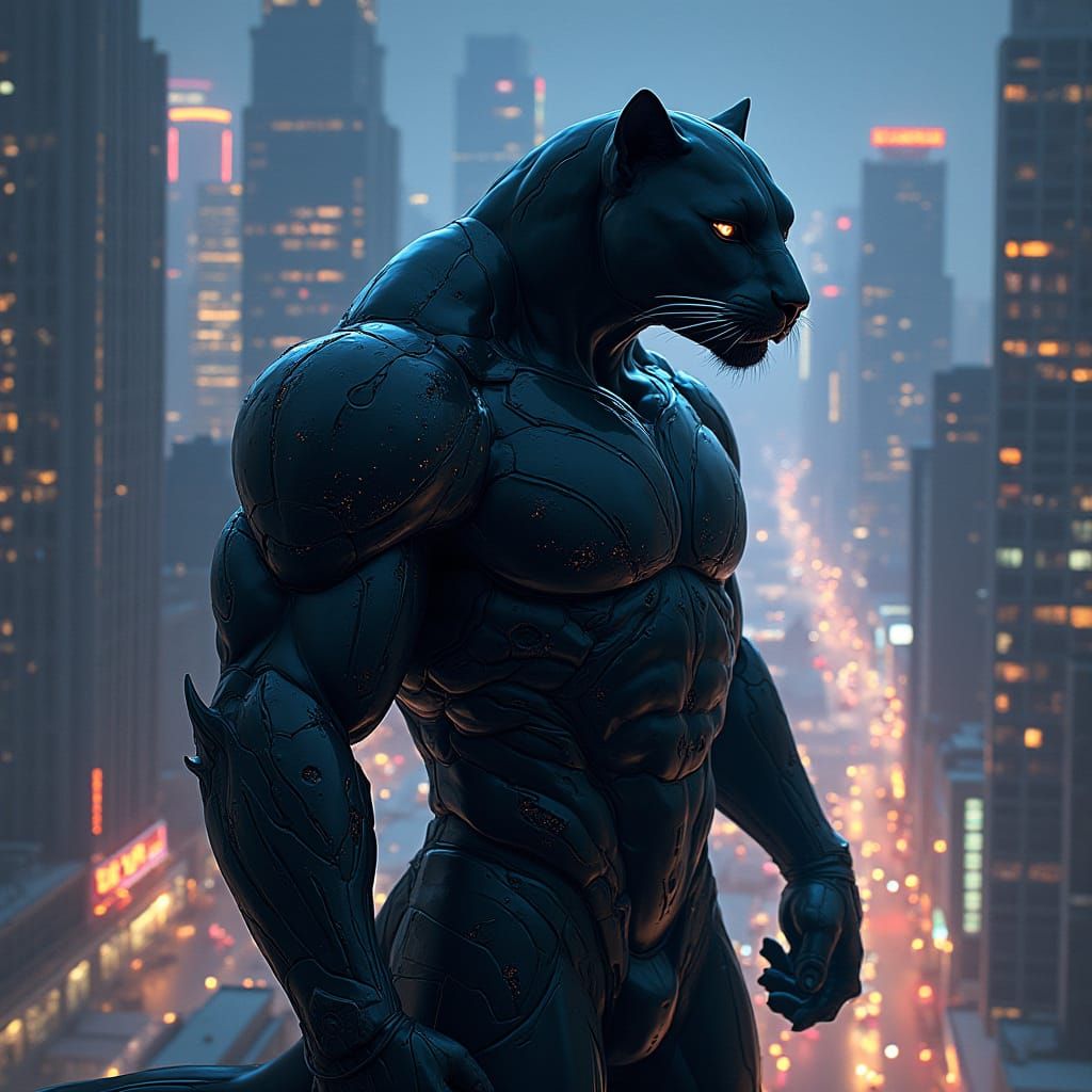 Glowing Panther Warrior Dominates Futuristic Cityscape