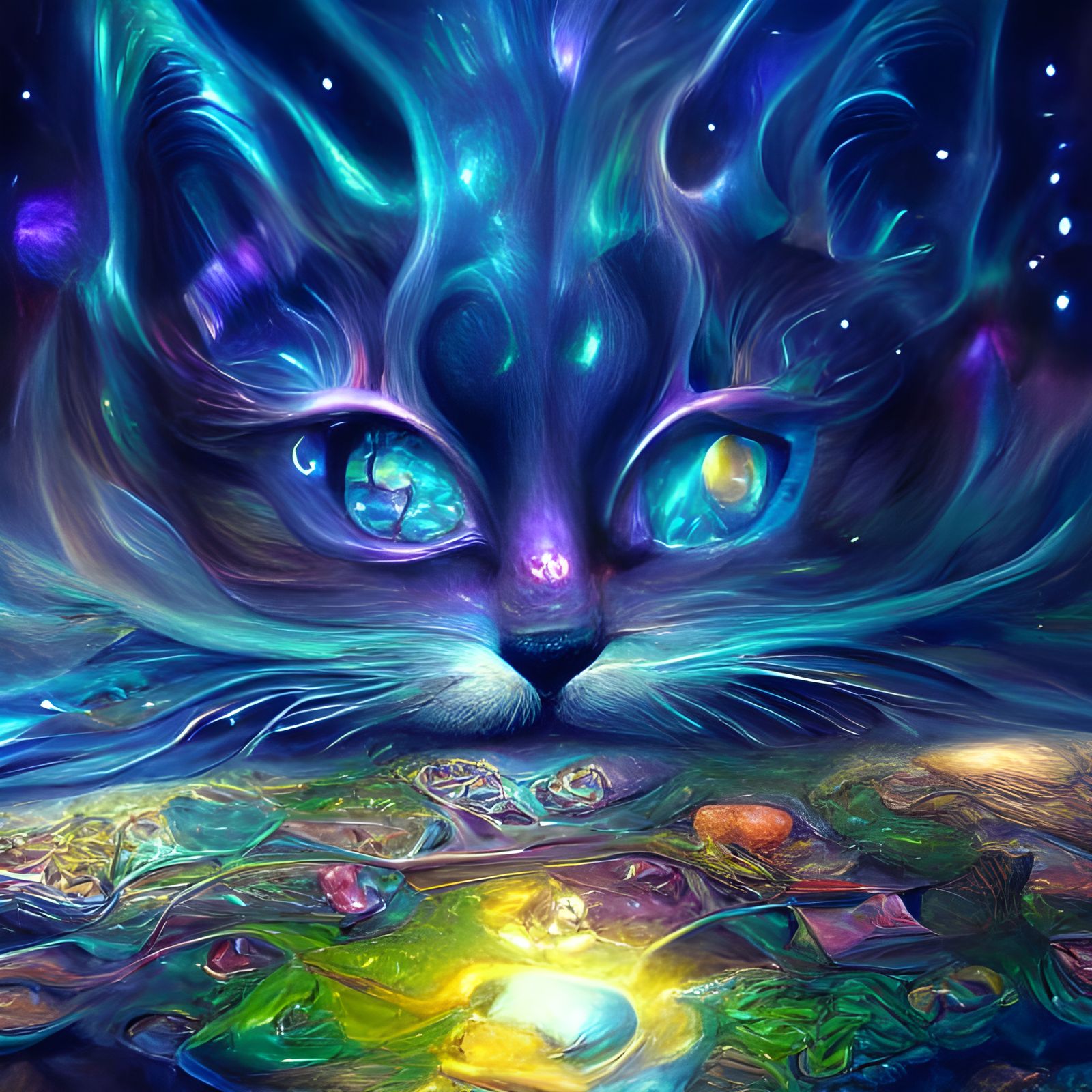 Cosmic Magic Cat in Dreamlike Aetherpunk Style