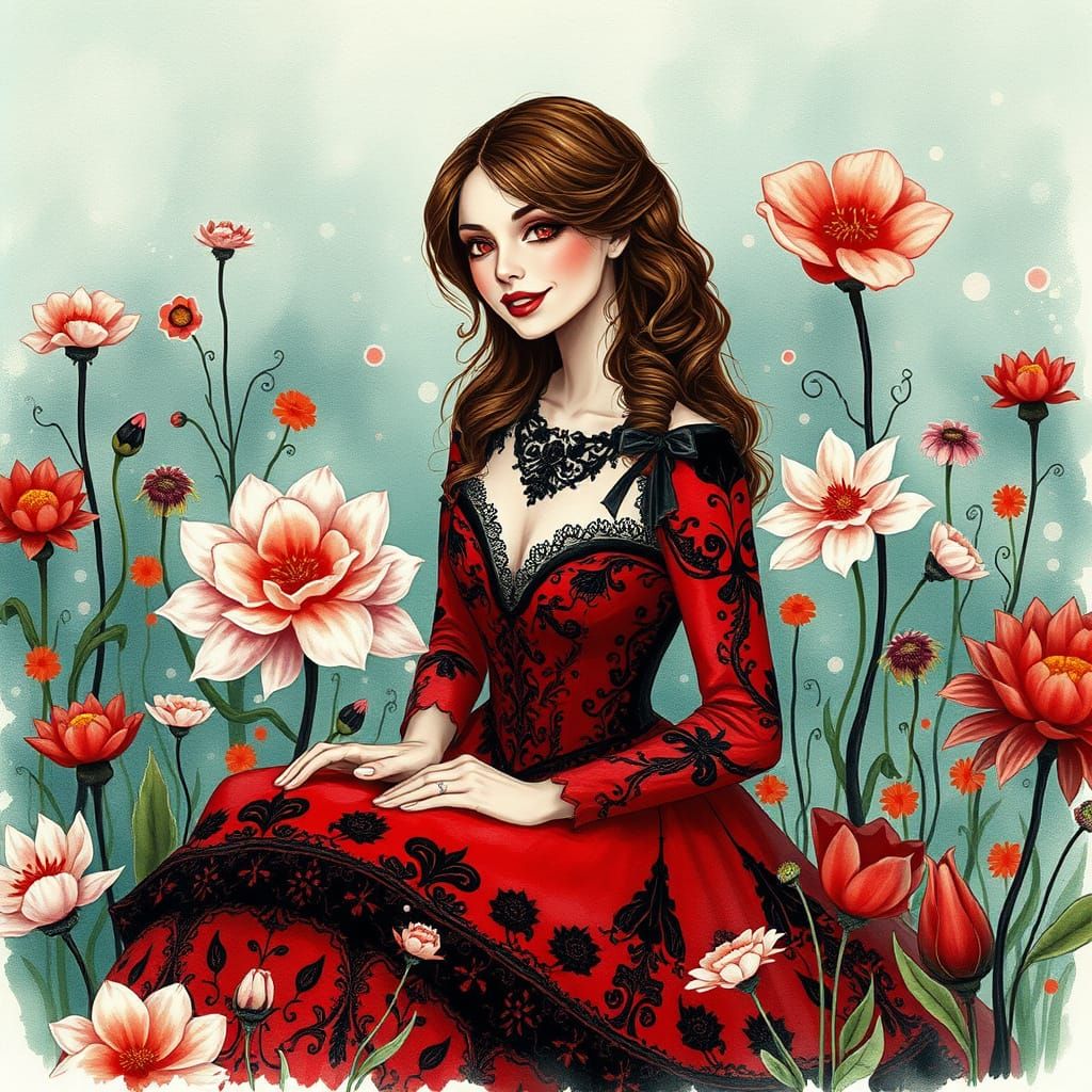 Woman in Red Gown in Gothic Flower Field
