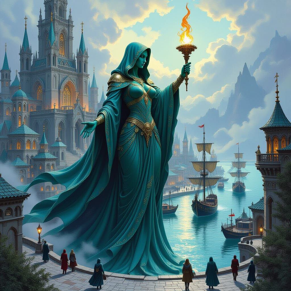 Fantasy City Harbor Guarded by Sorceress Statue