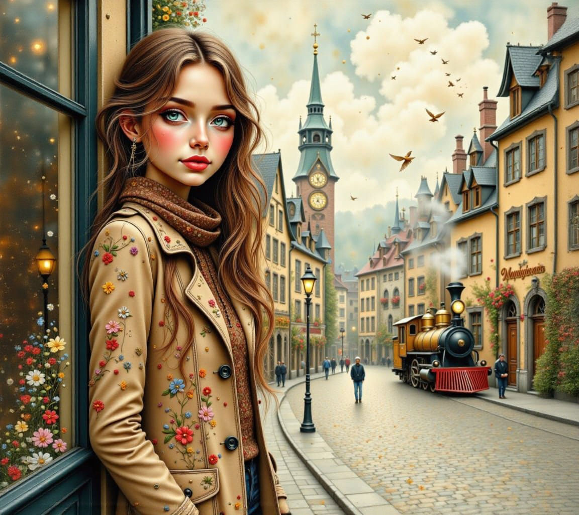 Romantic Woman in Quaint European Town Square