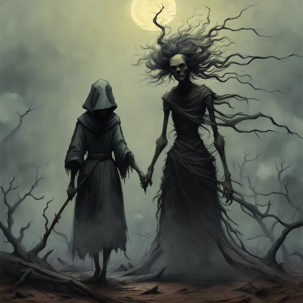 Witch and Victim in Dark Fantasy Sketch Style