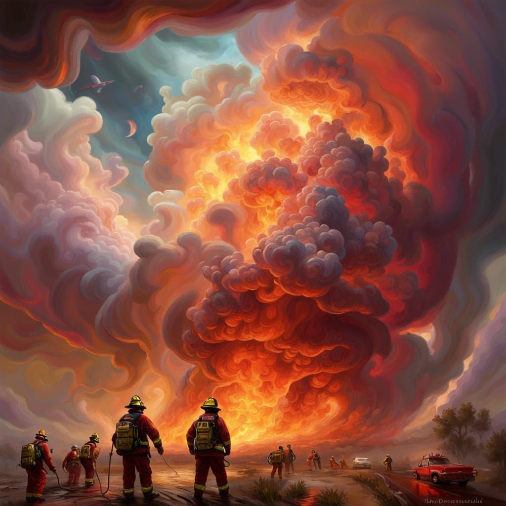 Firefighters Battle Inferno, Ethereal Fantasy Art