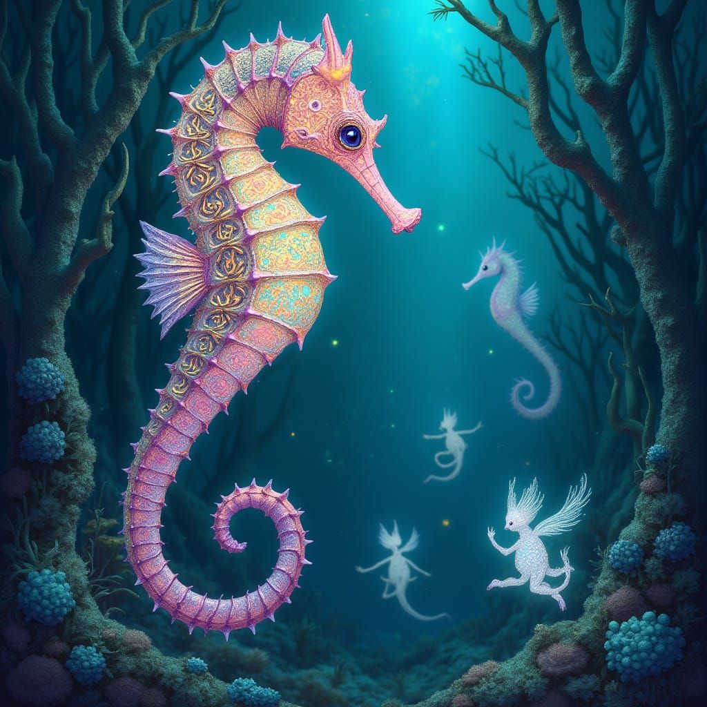 Glowing Celtic Seahorse Drifts Through Underwater Crystal Fo...