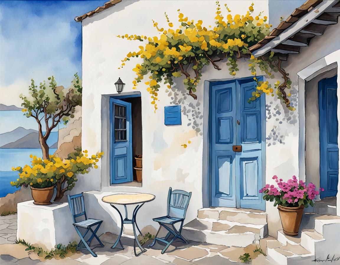 Greek House with Flowers in Gouache Style