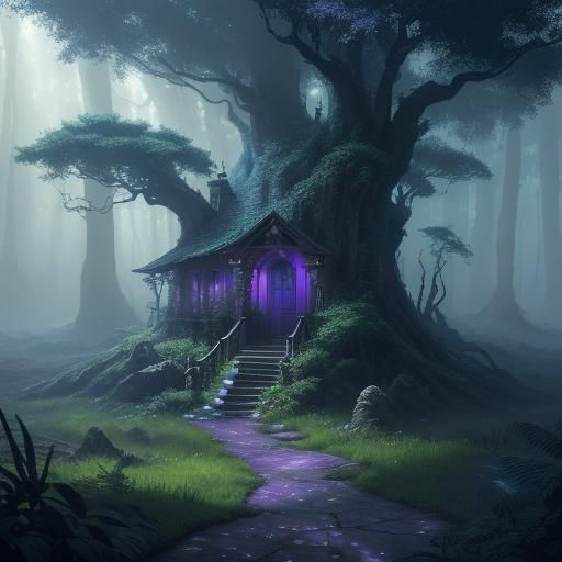 Mystical Forest Scene with Elderly Woman