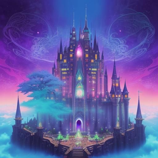 Psychedelic Fantasy Castle in Anime Style
