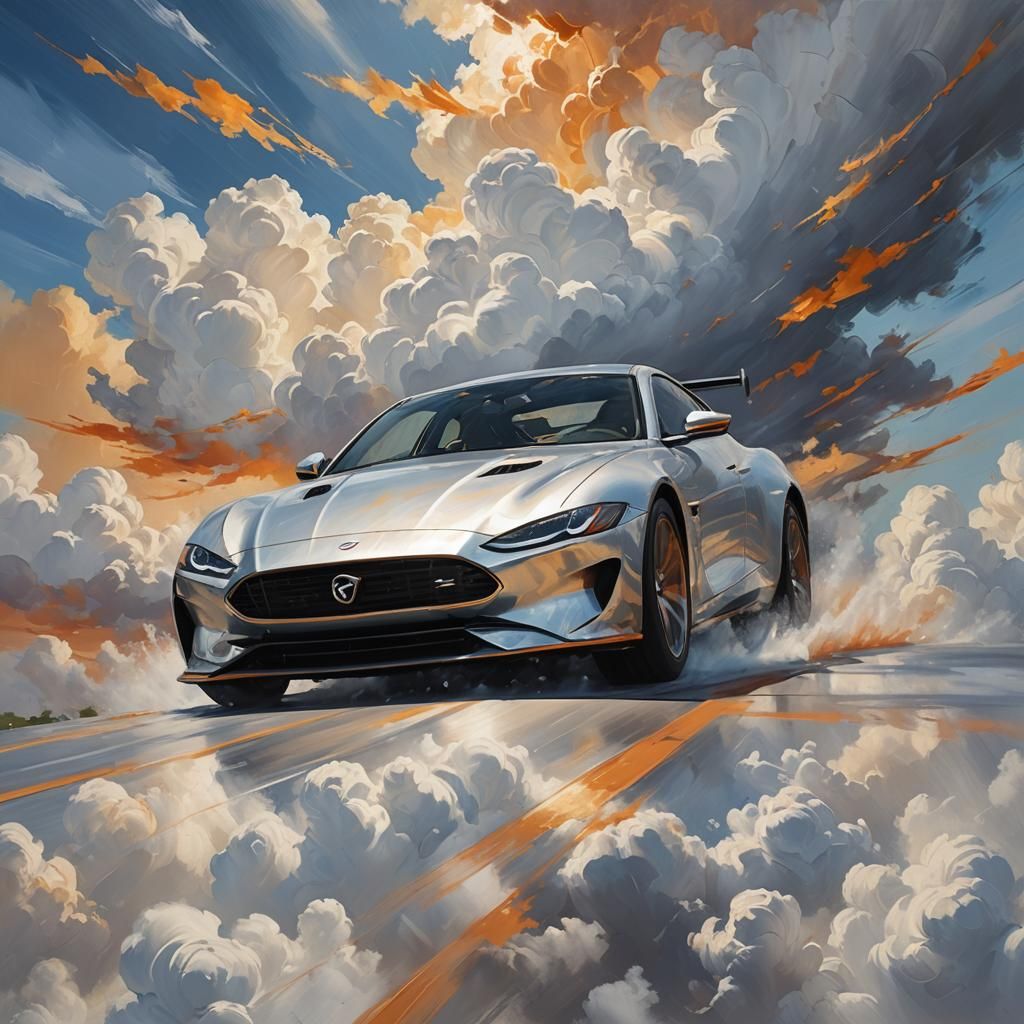 Silver Car Speeds Through Clouds: Oil Painting Style