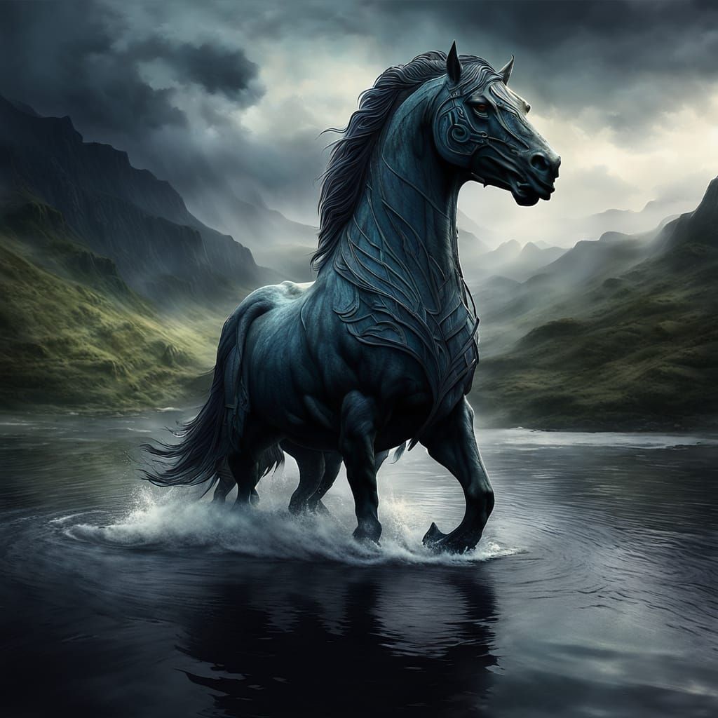 Epic Kelpie Scene: Celtic Water Demon Amidst Scottish Lakes
