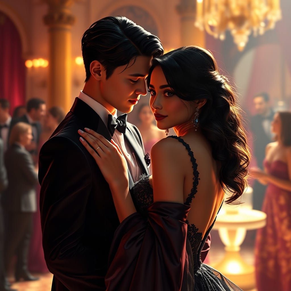 Elegant Woman in Gilded Ballroom, Bespoke Velvet and Lace Go...