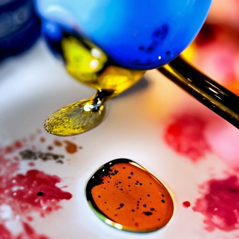 Macro photography of a palette with a drop of Prussian Blue, a drop of Foxy Red, and a drop of buttercup yellow paint.