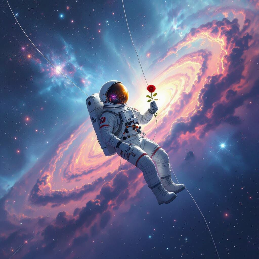 Astronaut Adrift in Cosmic Nebula with Red Rose