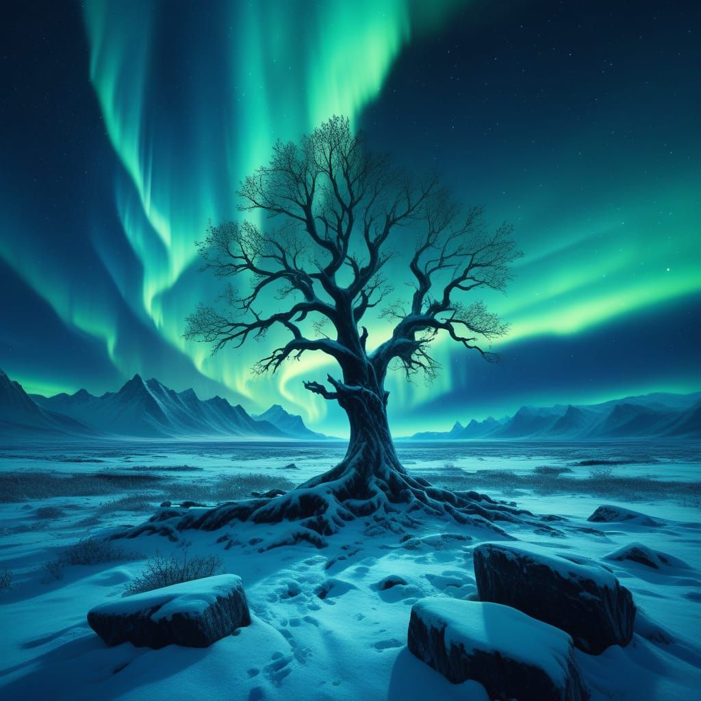 Frozen Tundra Aurora Borealis Fantasy Landscape