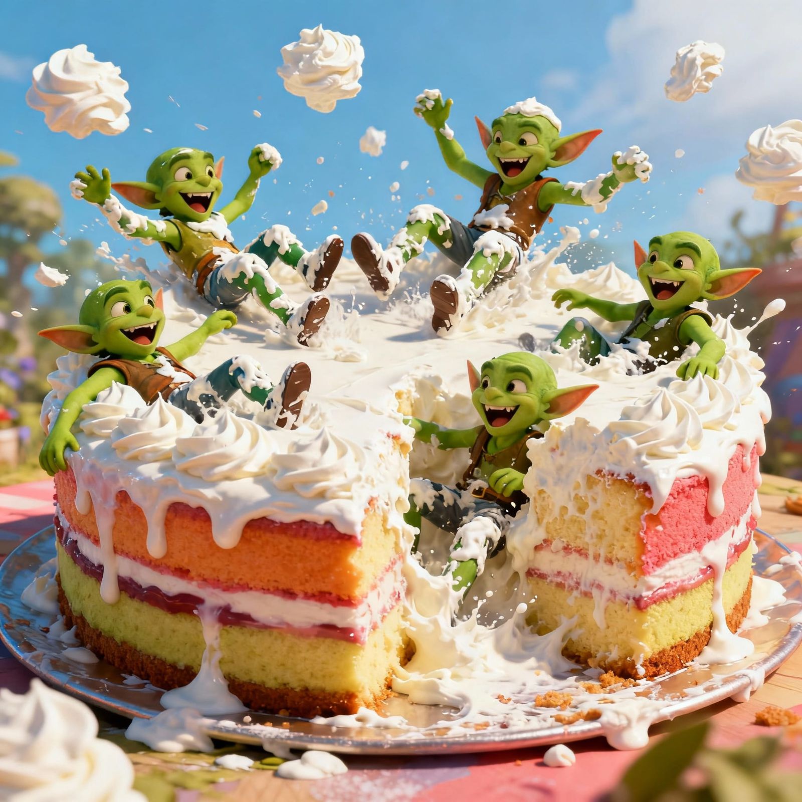 Goblins Play on Melting Cake in Cartoon Animation Style