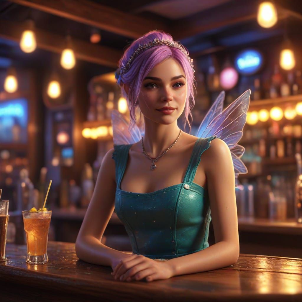 Fairy Bartender at the Neon Pixie Pub in Splash Art Style