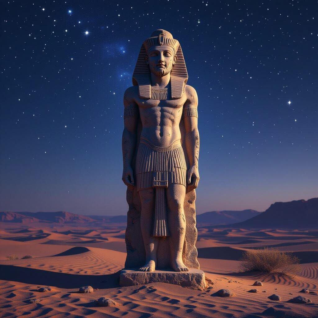 Ancient Stone Idol Statue in Desert Under Starry Night