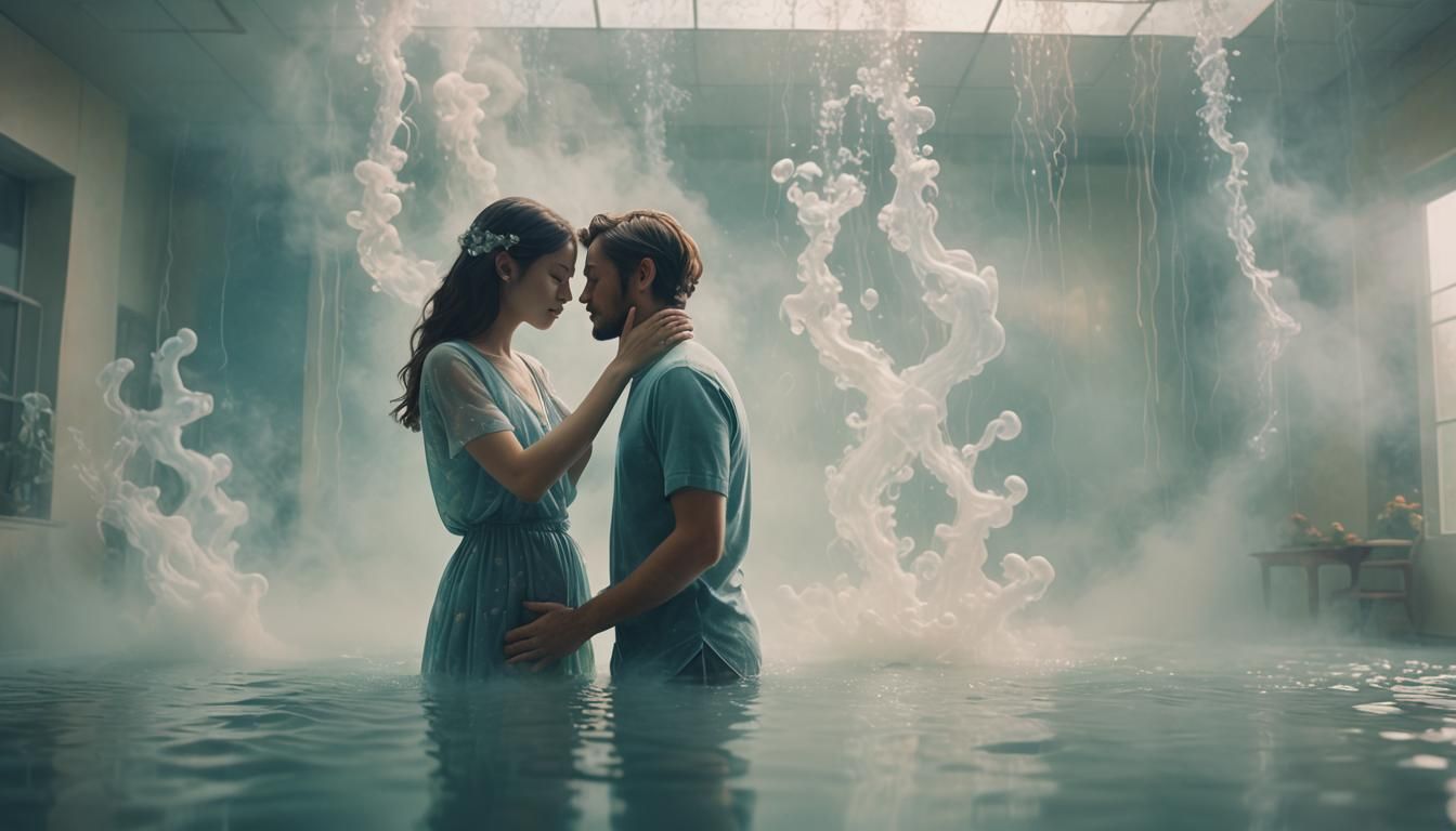 Dreamlike Couple Embrace in Misty, Glowing Room