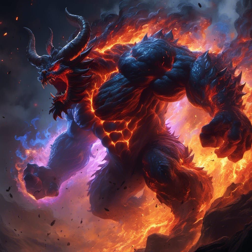 Ominous Horned Monster in Flaming Inferno