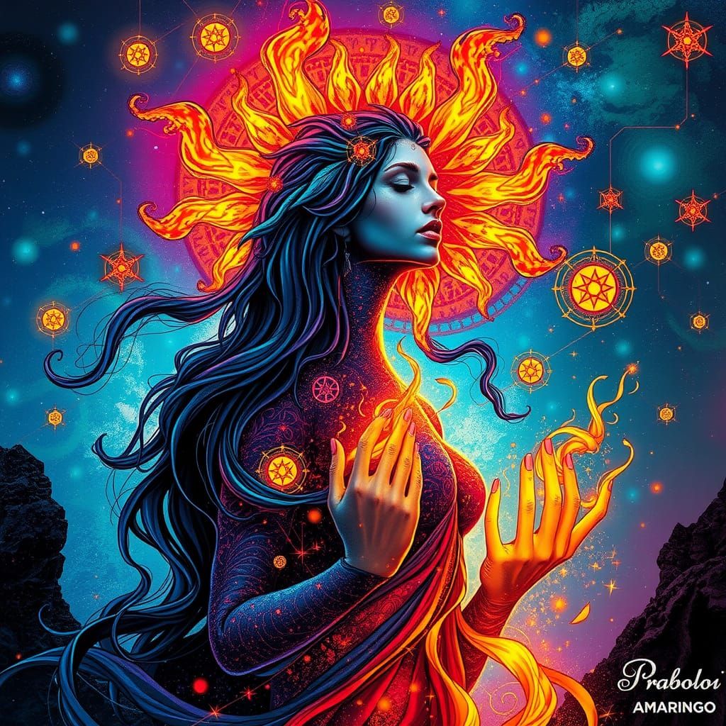 Ethereal Woman with Fiery Aura in Cosmic Landscape