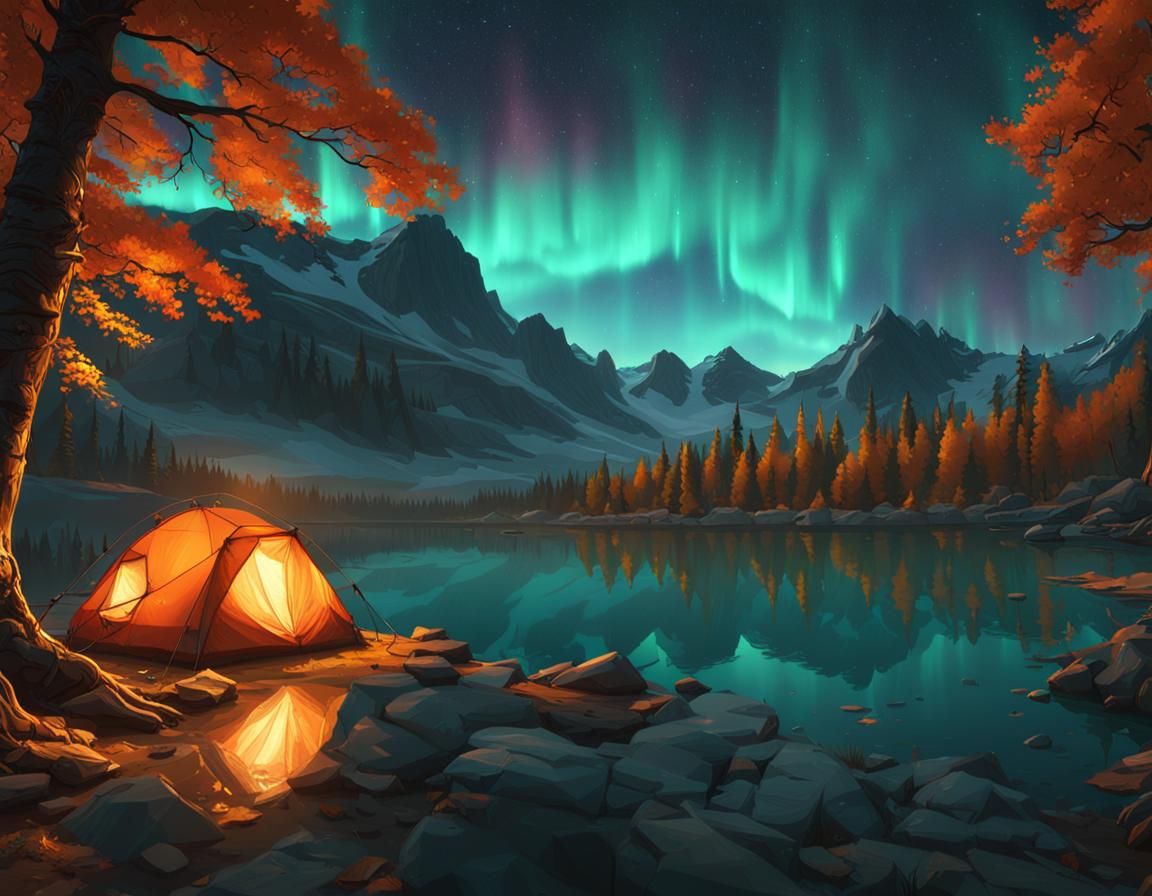 Autumn Lake Camping Under Aurora Borealis