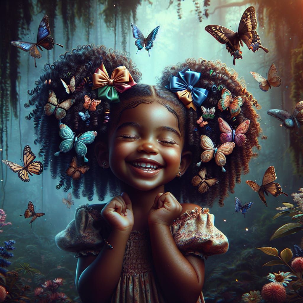 Joyful Afro-Caribbean Girl with Butterflies in Fantasy Fores...