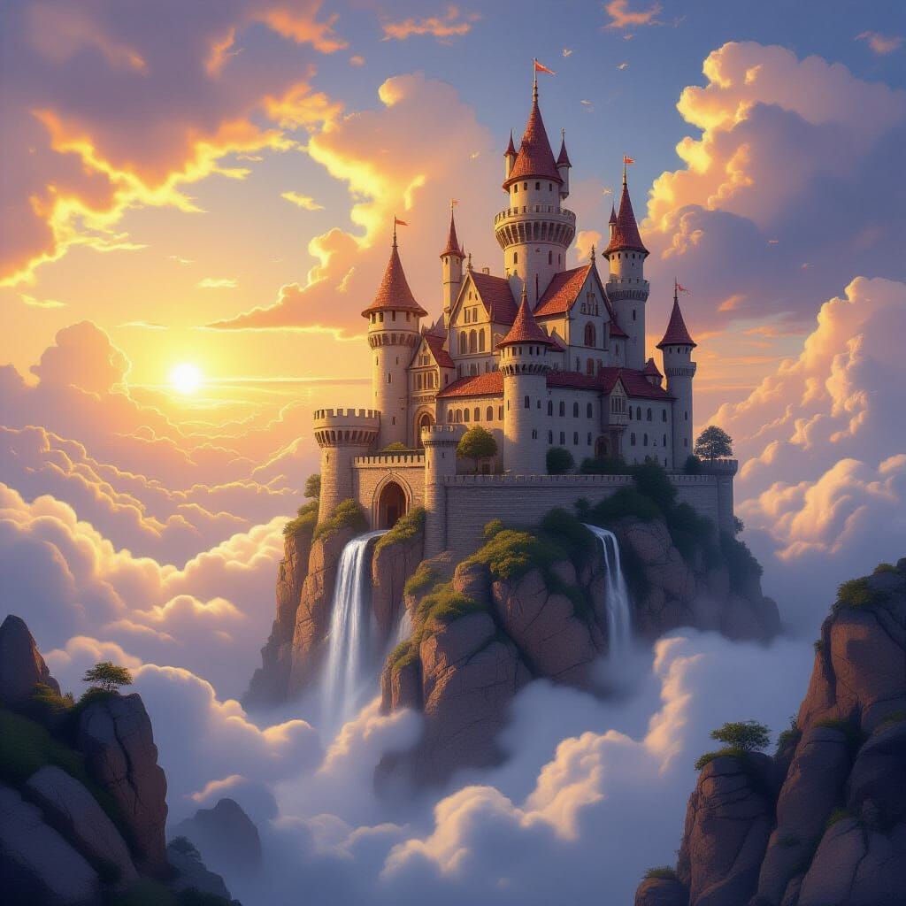 Ethereal Castle on Floating Rock with Sunset Lighting