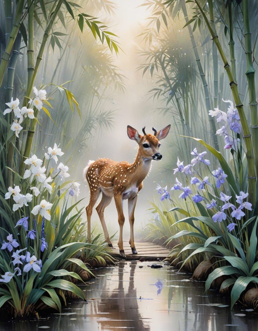 Fawn on Bamboo Path in Misty Spring Garden
