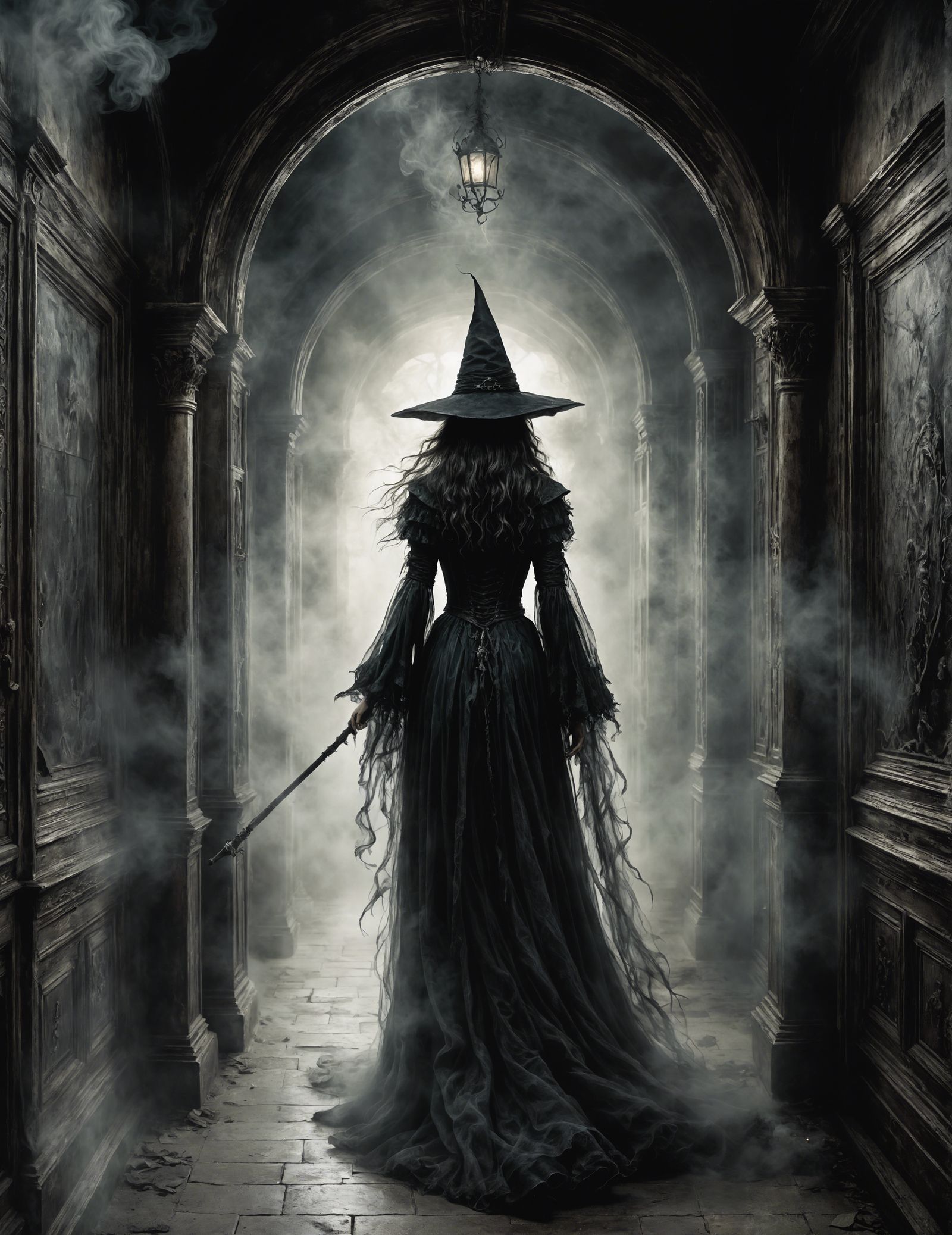 Ghost Witch Walks Sinister Corridor in Comic Style