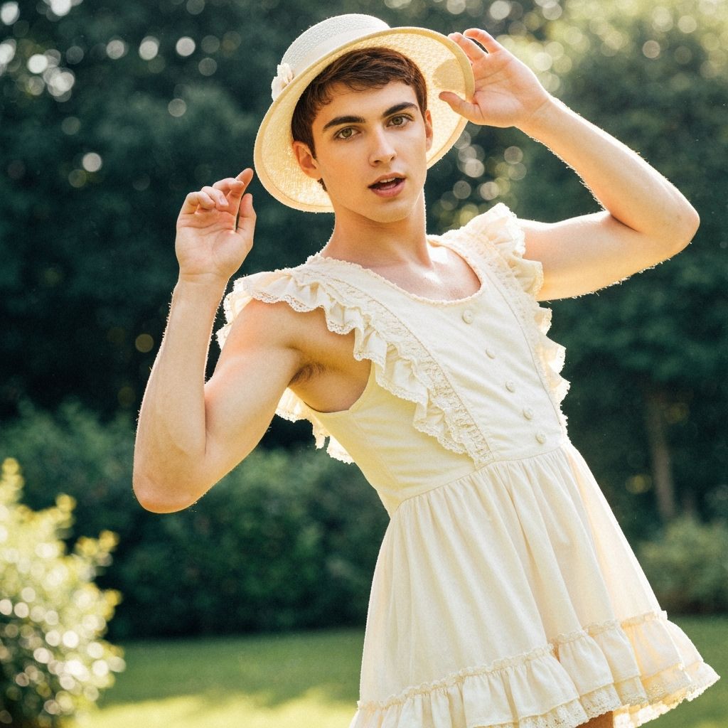 Young Man in Frilly Dress in Garden