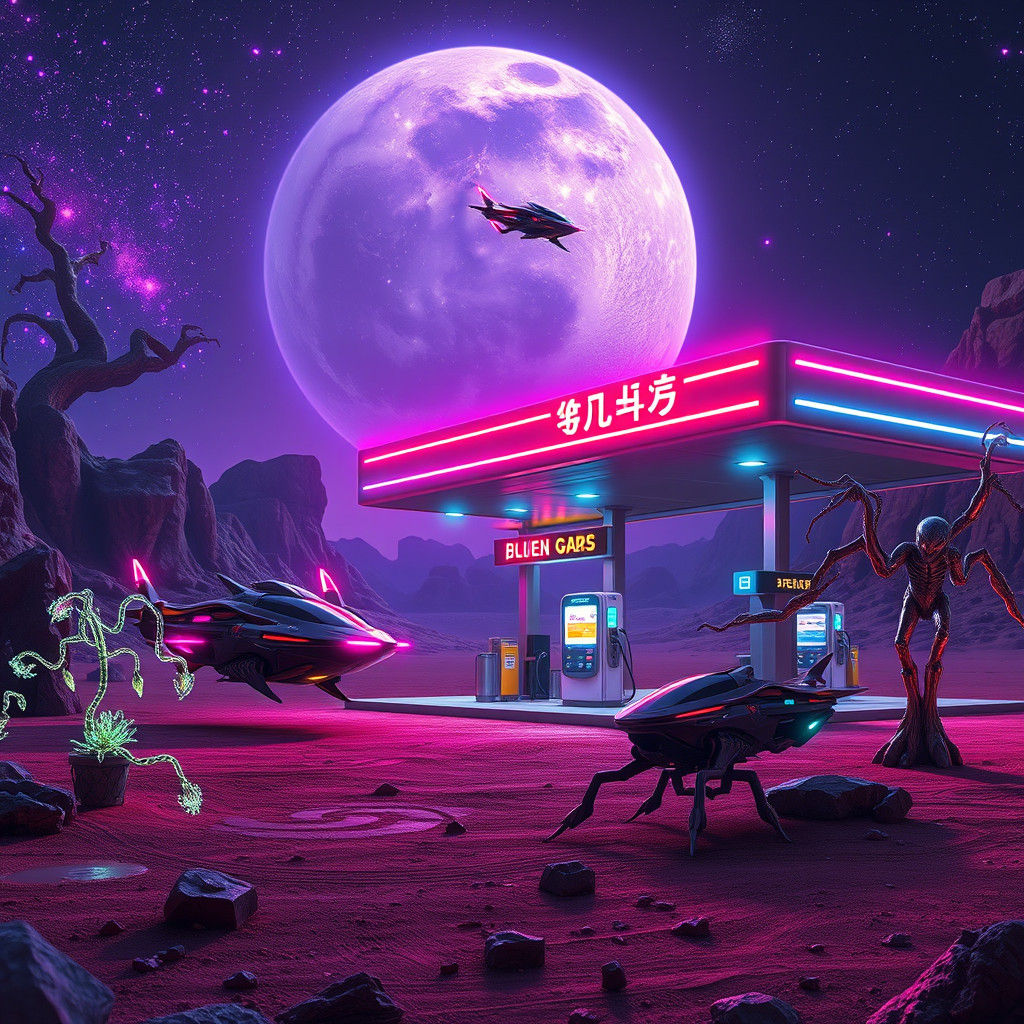 Alien Gas Station on Desert Planet in Futuristic Style