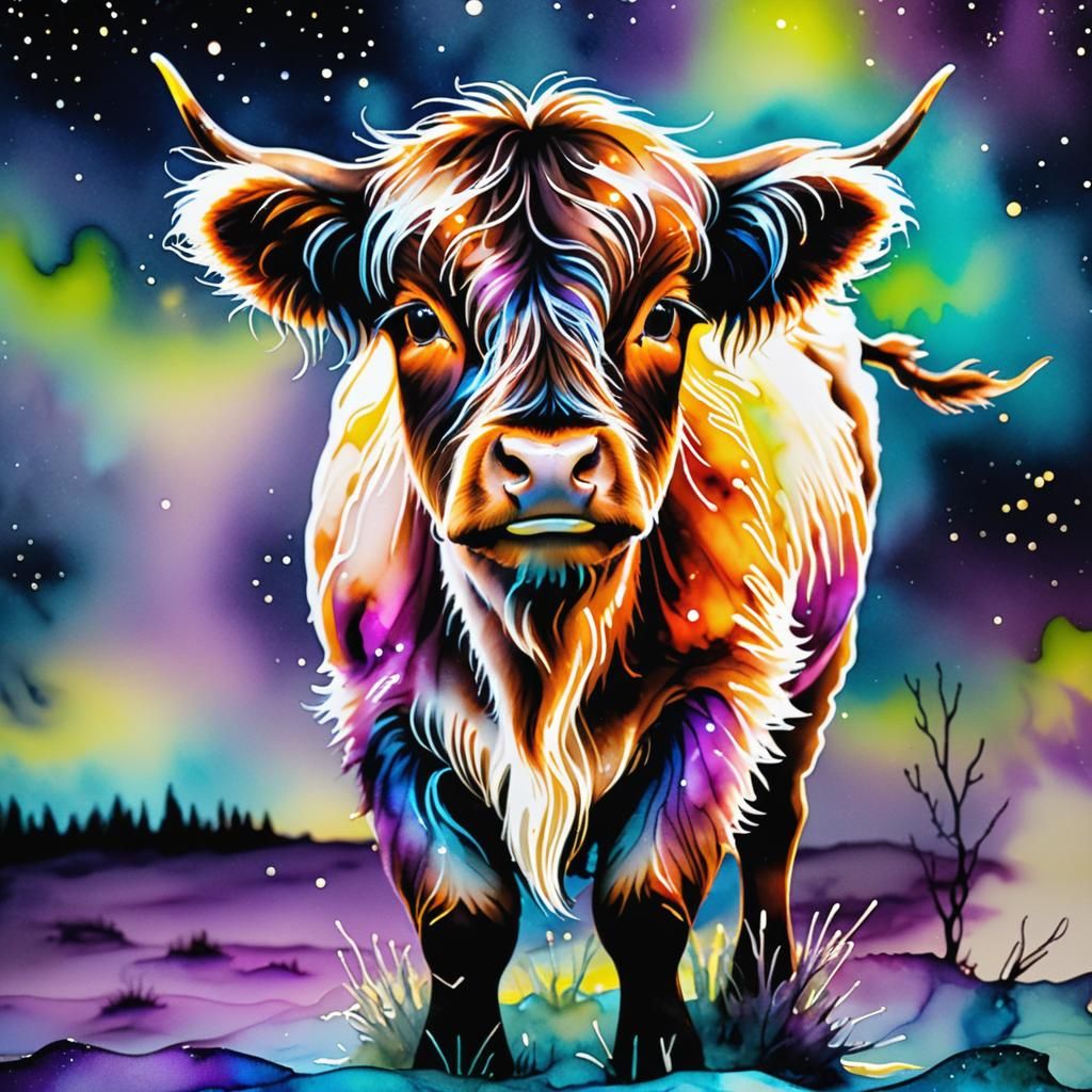 Bioluminescent Highland Calf in Alcohol Ink Style