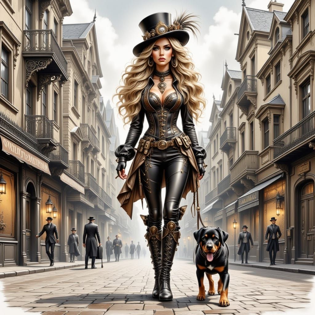 Steampunk Girl and Dog in Detailed Digital Painting