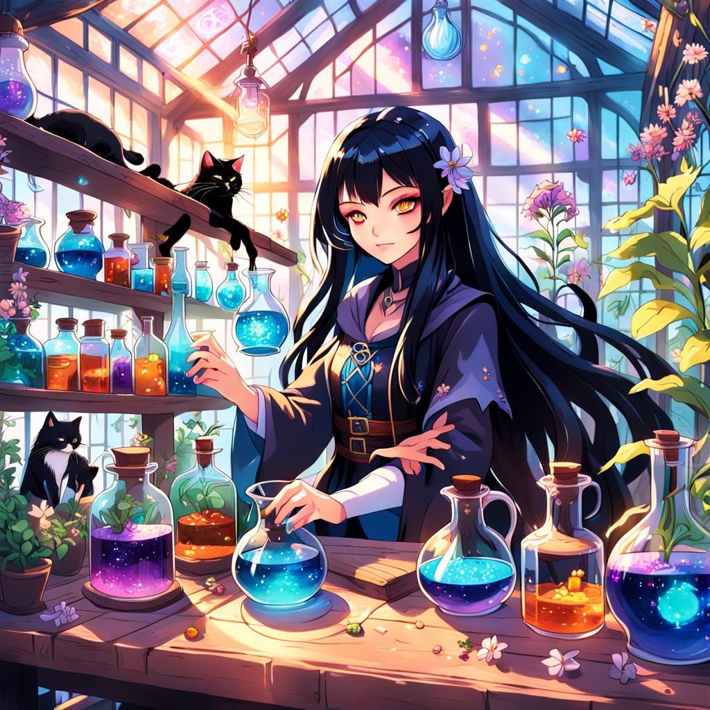 Anime Sorceress Mixing Potions in Magical Greenhouse