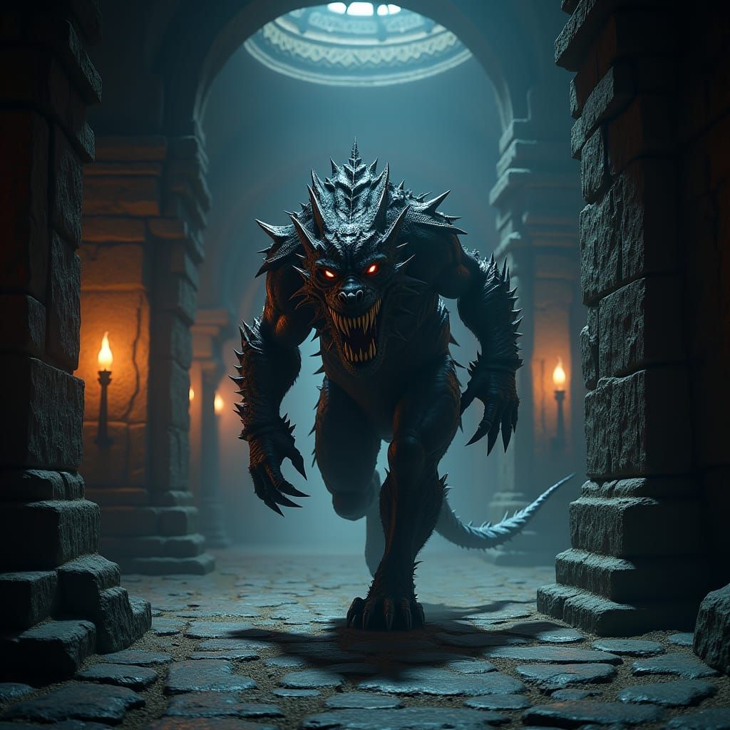 Dragon-Werewolf in Dwarven Fortress Hall, Matte Painting