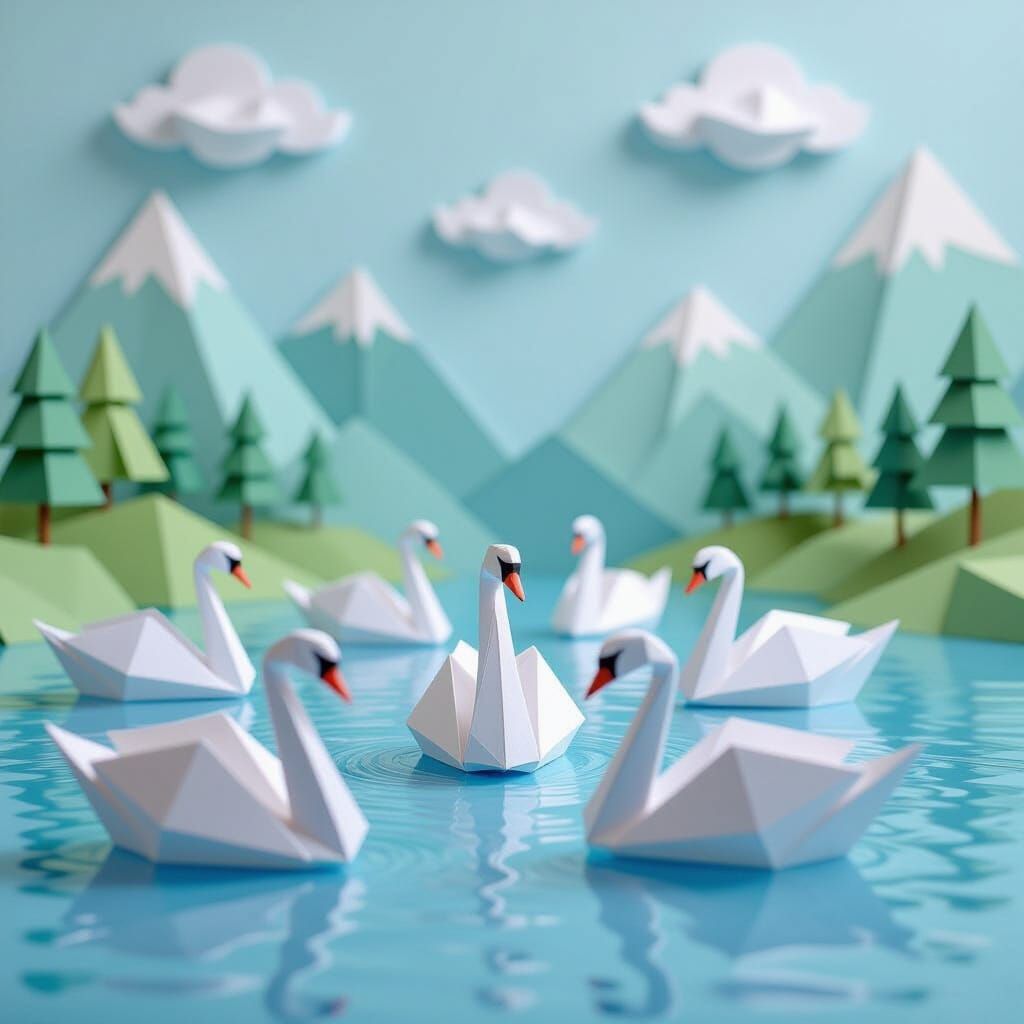 Origami Swans on Paper Lake: A Cubist Diorama