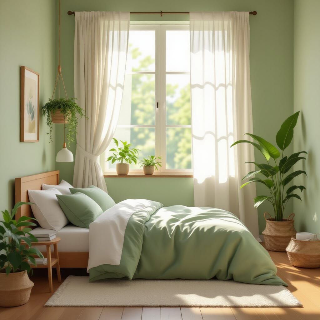 Serene Green Minimalist Bedroom in Studio Ghibli Style