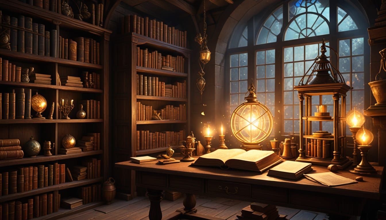 Enchanted Wizard's Sanctum with Glowing Tomes and Phoenix