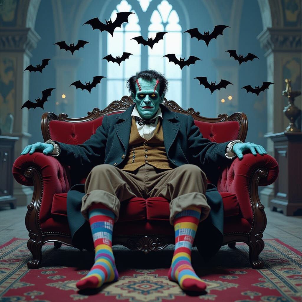 Frankenstein in Castle Living Room, Dark Surreal Art