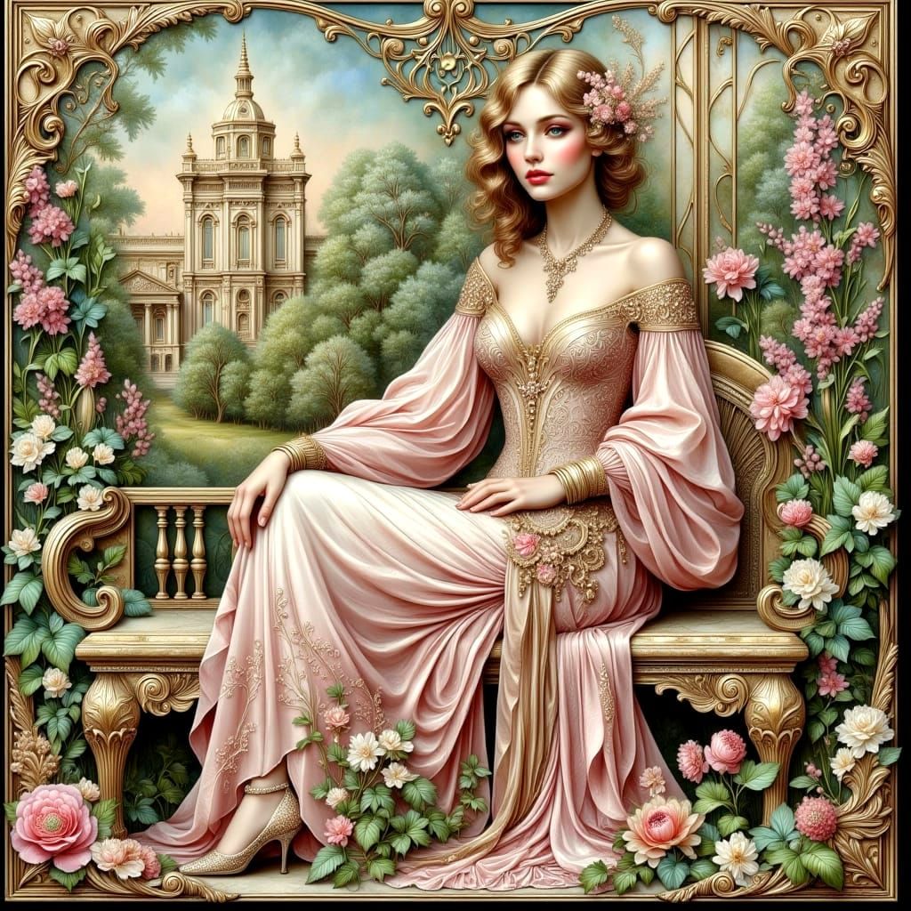 Elf Woman in Klimt Style Art Deco Garden