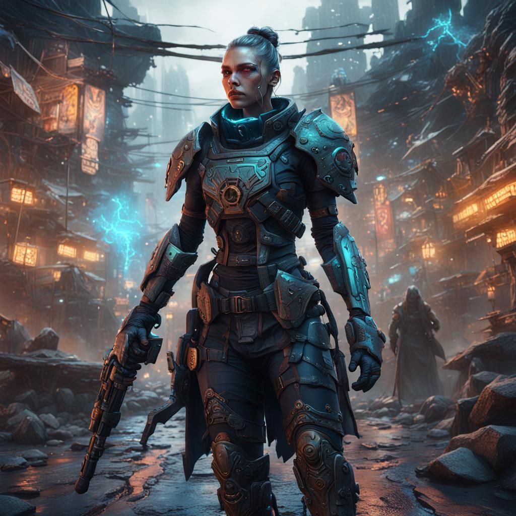 Cyberpunk Female War Cleric in Detailed Matte Painting