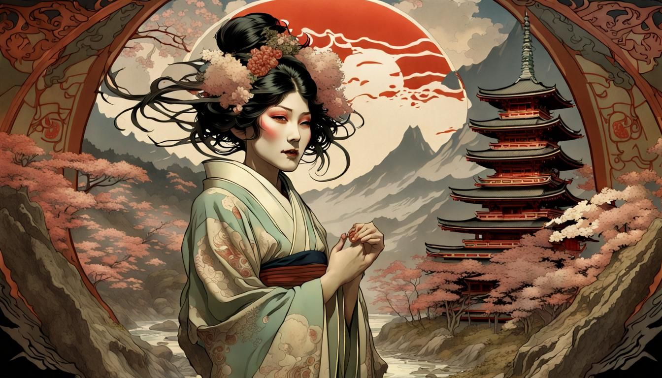 Japanese God Smiling in Art Nouveau Style