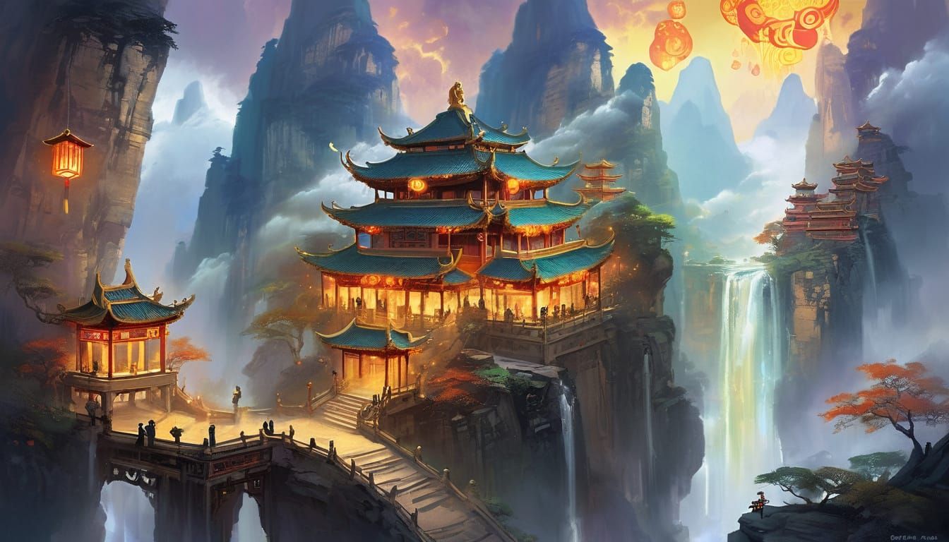 Celestial Pagoda on Mountain Peak: Wuxia Oil Painting