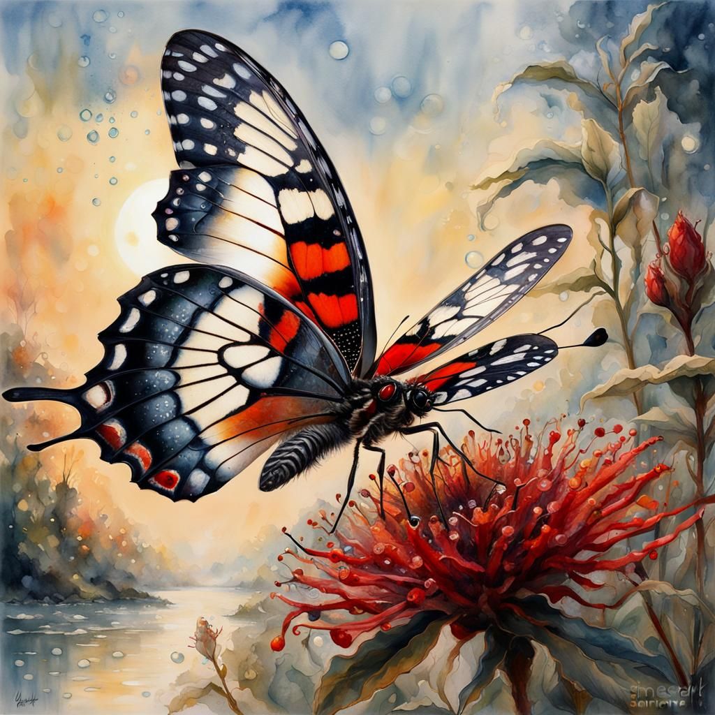 Apollo Butterfly Watercolor with Dew Drops
