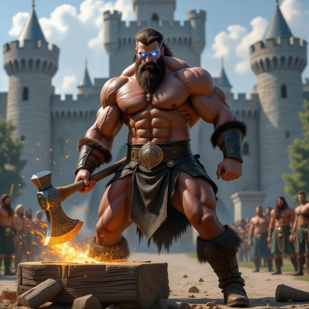 God-Like Emperor Splitting Wood Outside Castle