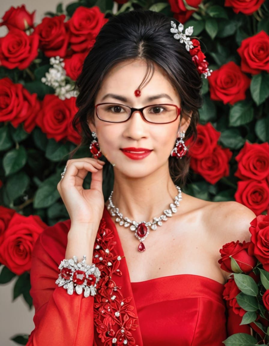 Woman Adorned in Opulent Ruby and Silver Jewelry